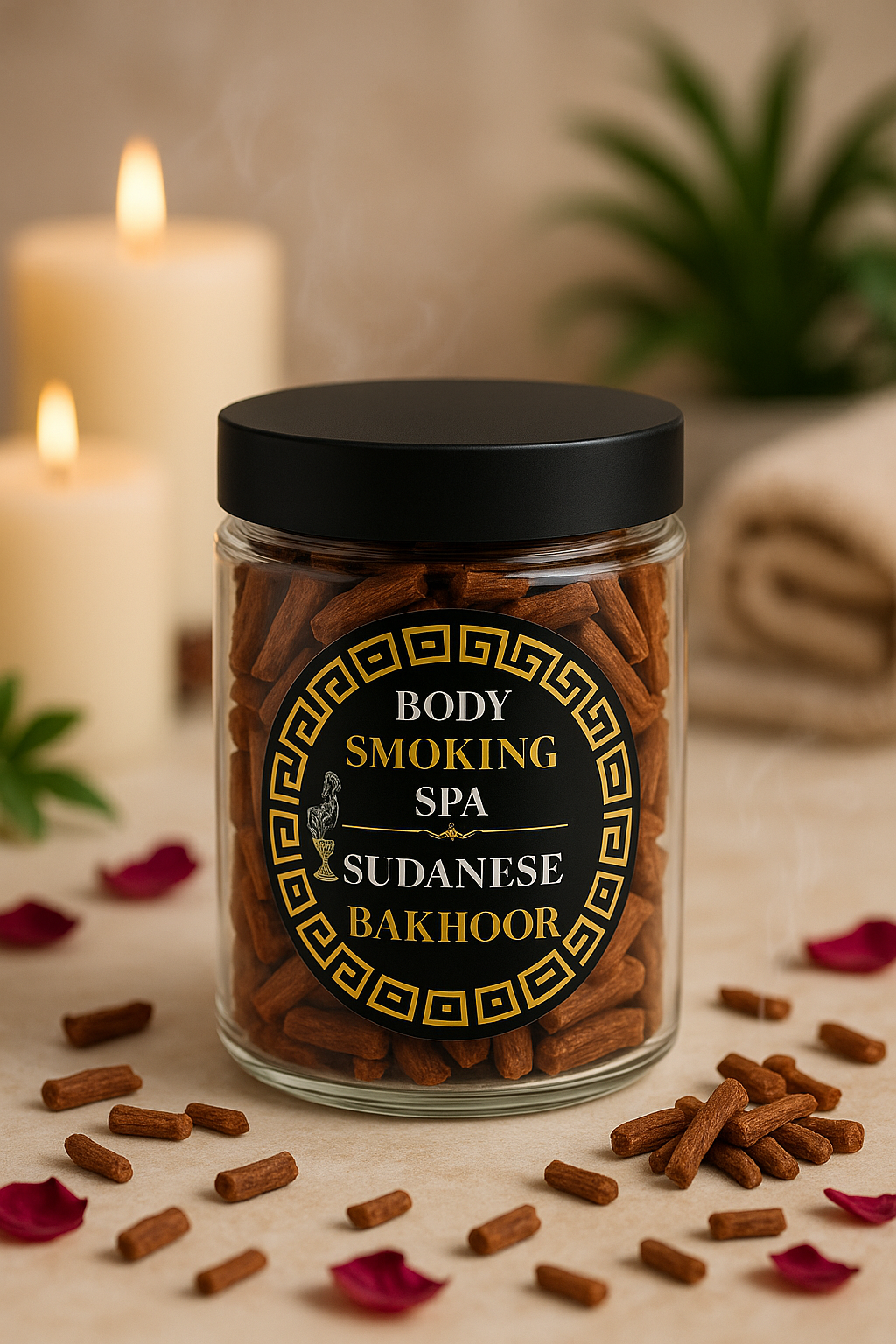 A clear glass jar filled with brown smoking spa sticks, topped with a black lid and labeled 'BODY SMOKING SPA SUDANESE BAKHOOR,' set on a beige surface with scattered sticks, rose petals, candles, and a soft spa-like background.