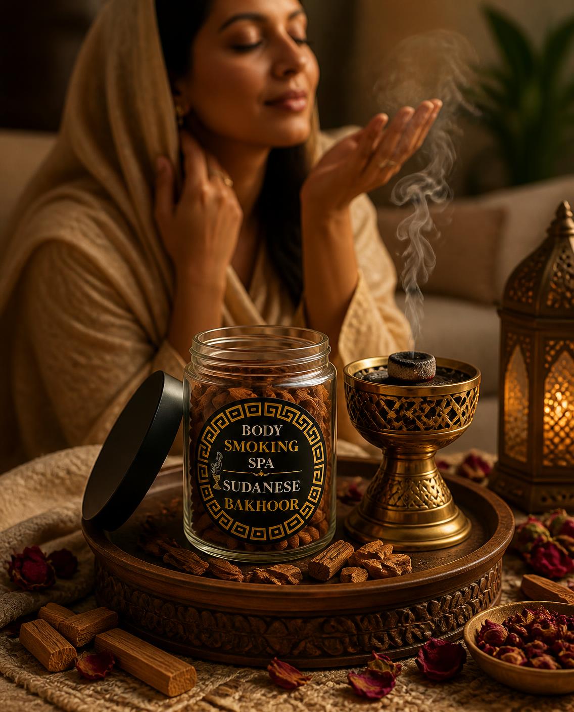 Woman wafting Sudanese bakhoor smoke from a brass incense burner beside a jar of Body Smoking Spa bakhoor