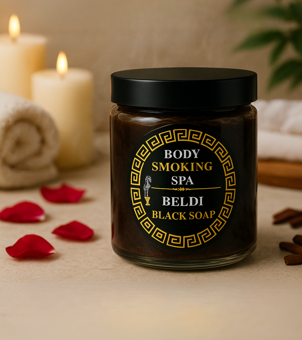 Jar of Beldi Black Soap for Hammam with texture visible