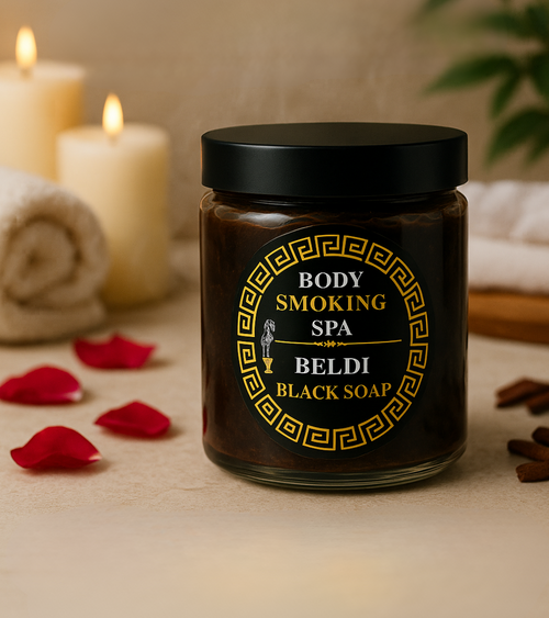 Jar of Beldi Black Soap for Hammam with texture visible