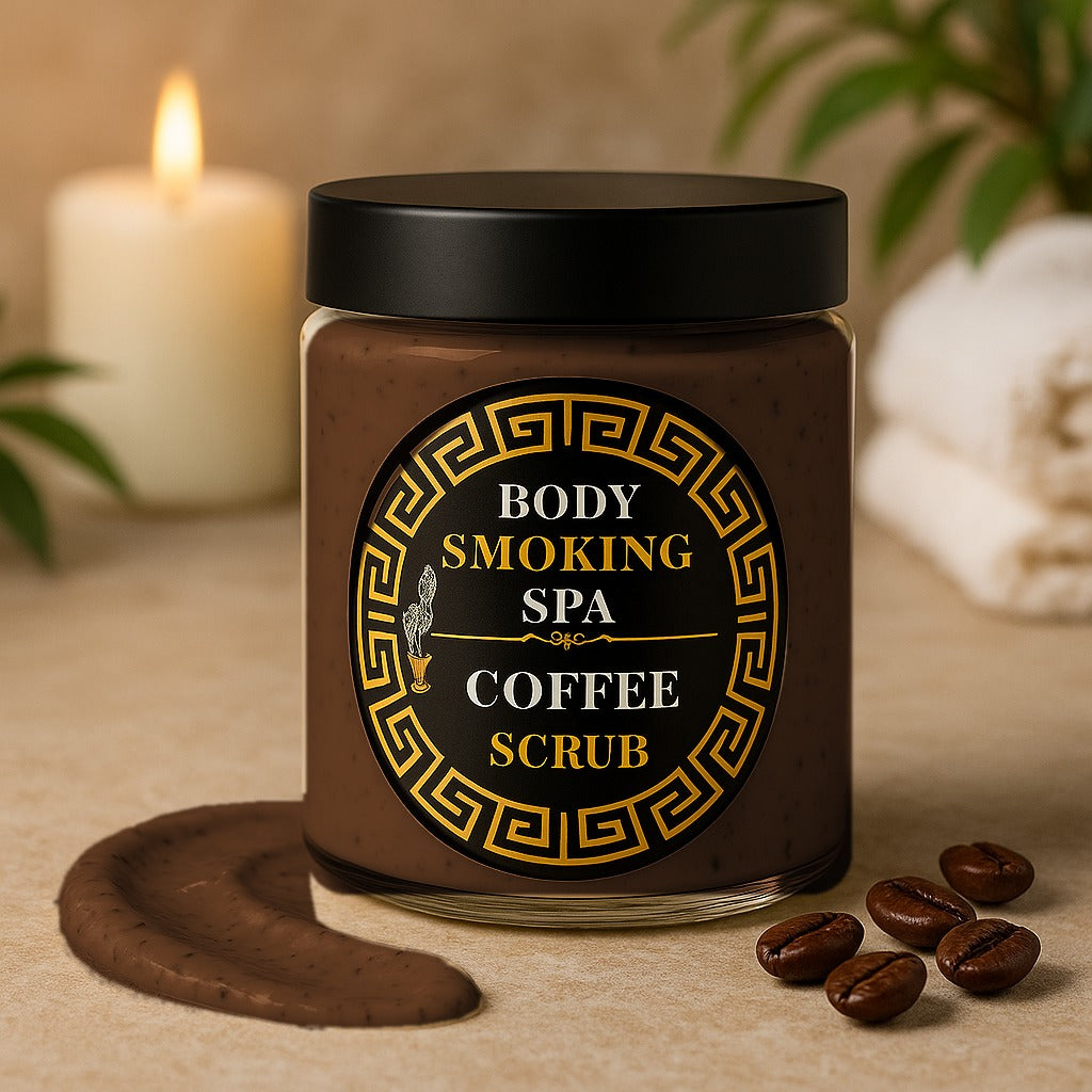 Jar of Body Smoking Spa Coffee Scrub, dark coffee-coloured with natural coffee grounds, beside coffee beans