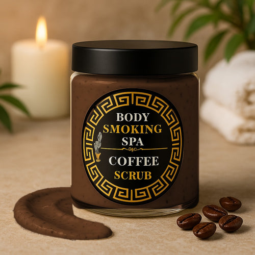 Jar of Body Smoking Spa Coffee Scrub, dark coffee-coloured with natural coffee grounds, beside coffee beans