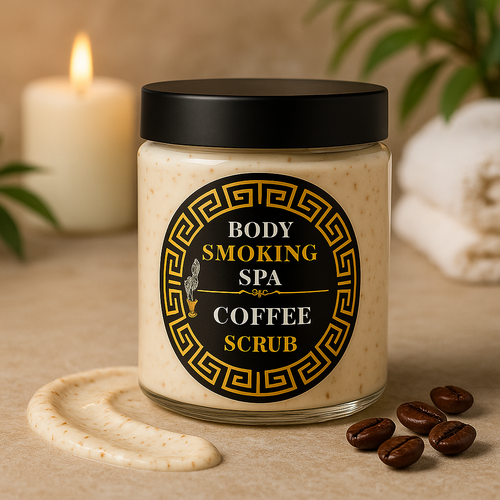 Coffee Scrub label and coffee beans nearby