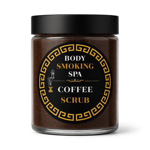 A glass jar of coffee scrub with a black lid and a black label featuring gold Greek key patterns and white and gold text that reads 'BODY SMOKING SPA COFFEE SCRUB'.