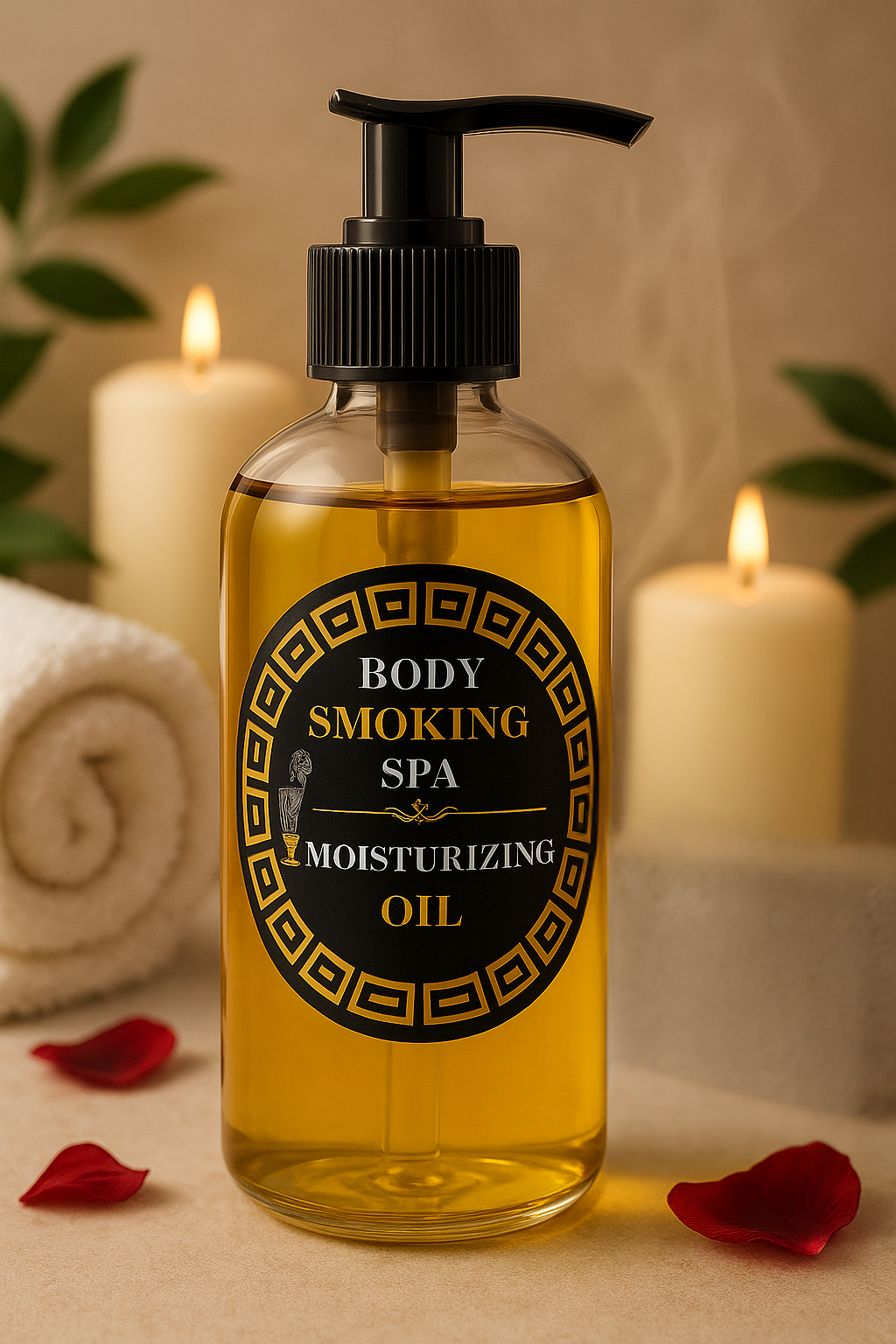 Bottle of Body Smoking Spa moisturizing scented body oil