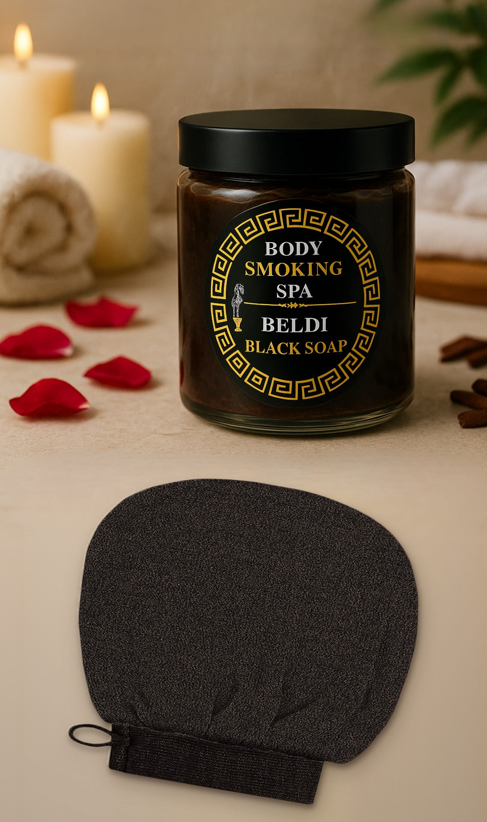 Black exfoliating loofah glove beside a jar of Body Smoking Spa Beldi black soap