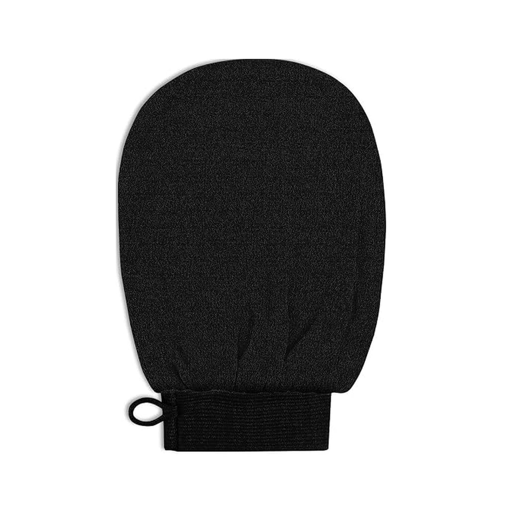Black exfoliating loofah glove with elastic cuff and hanging loop
